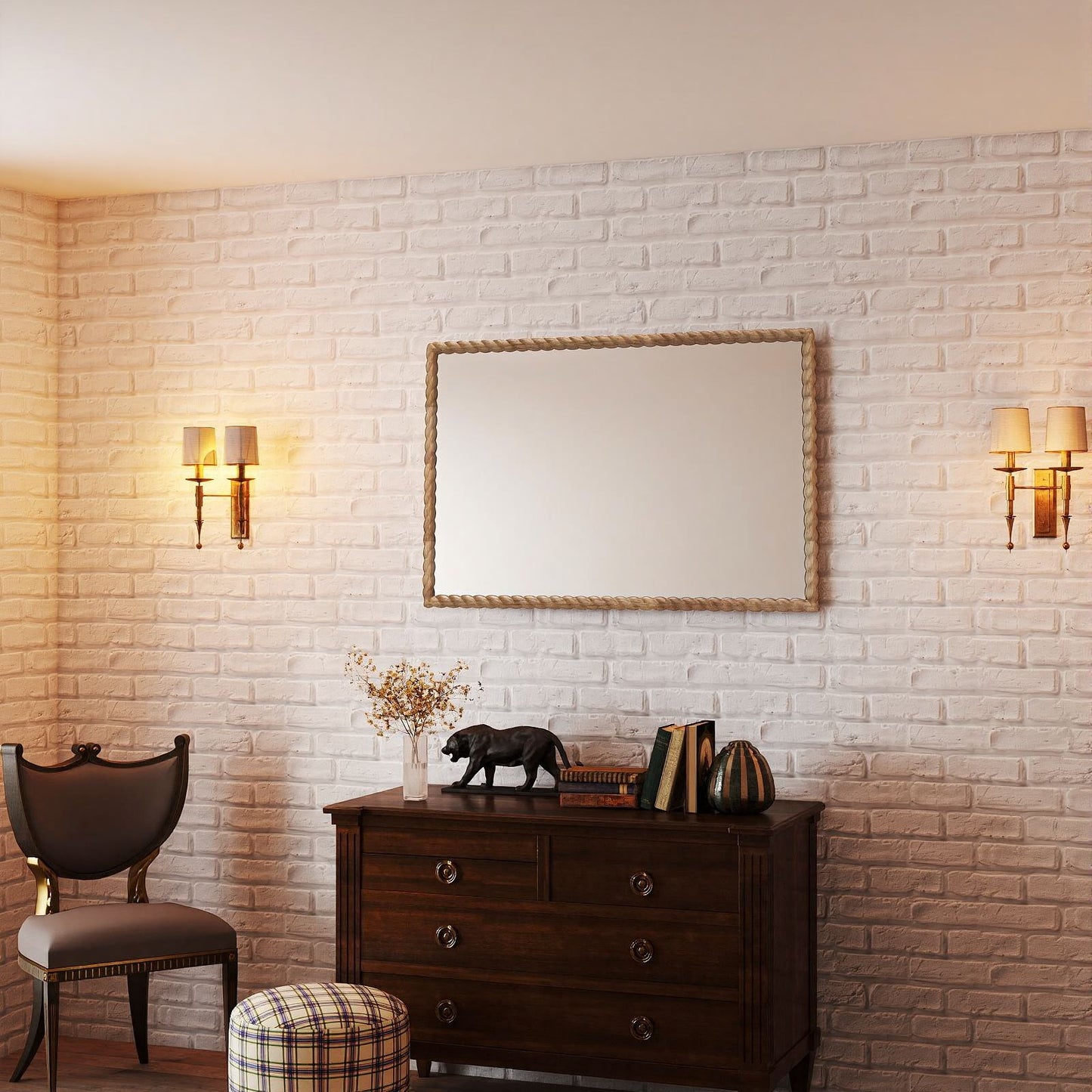 Solid wood rectangle frame mirror with rope style