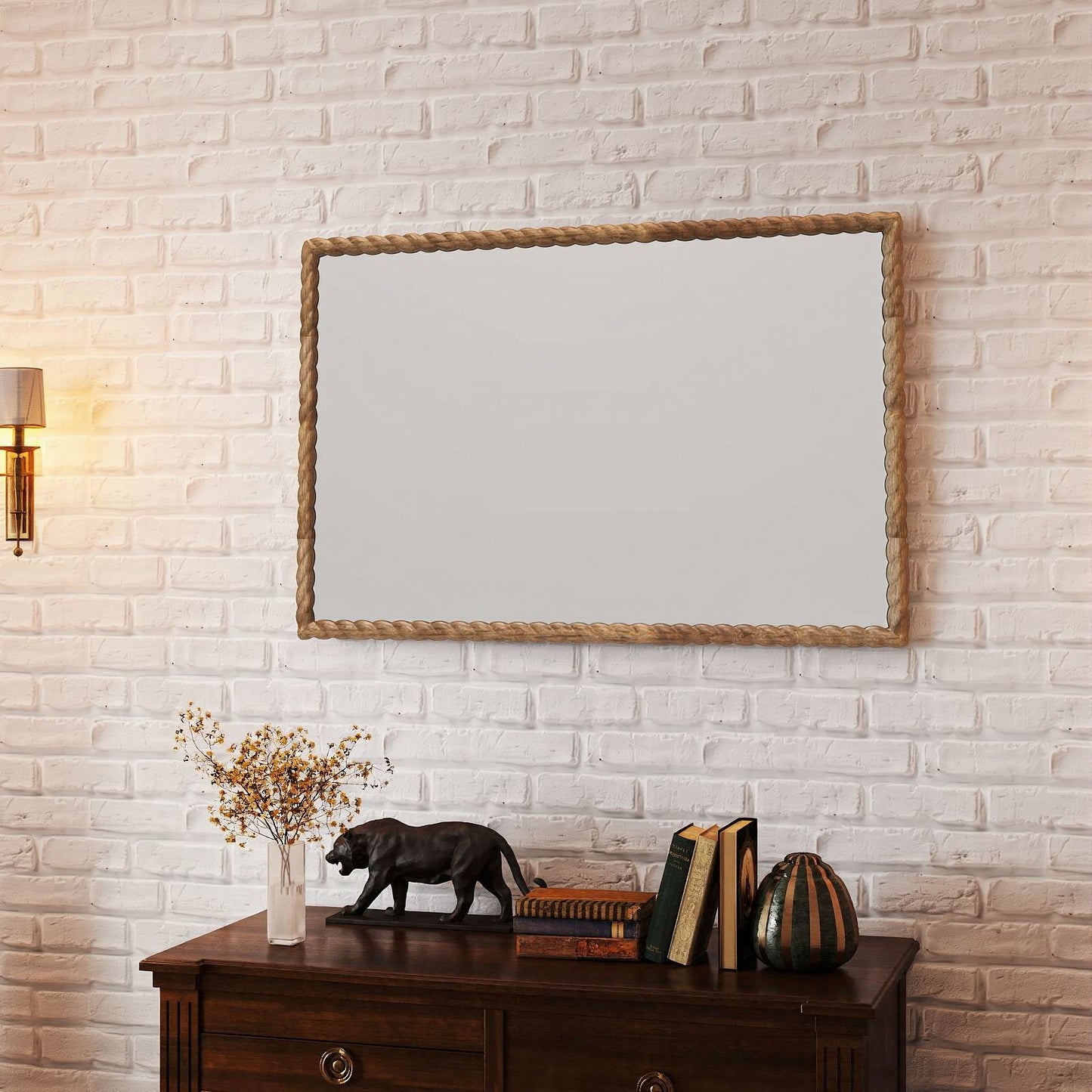 Solid wood rectangle frame mirror with rope style