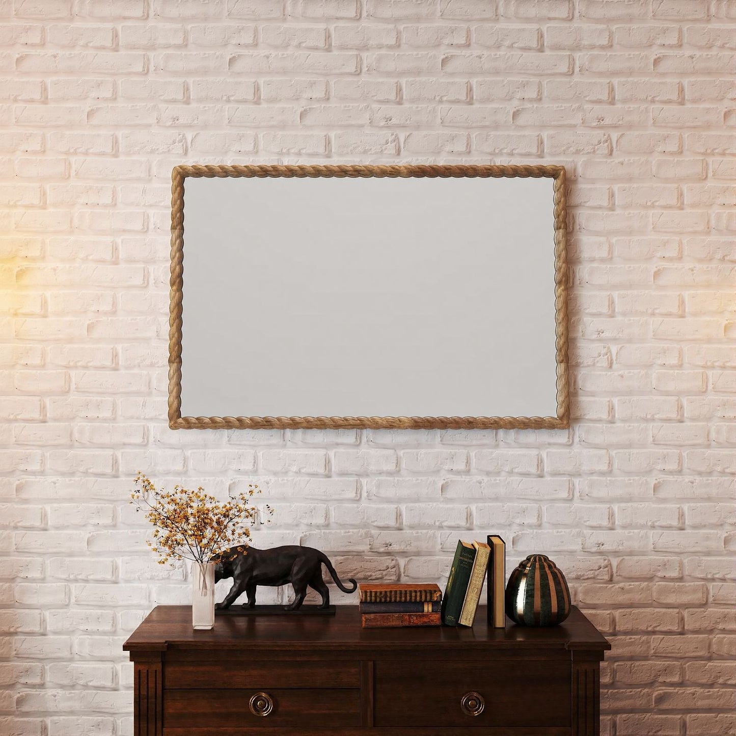 Solid wood rectangle frame mirror with rope style
