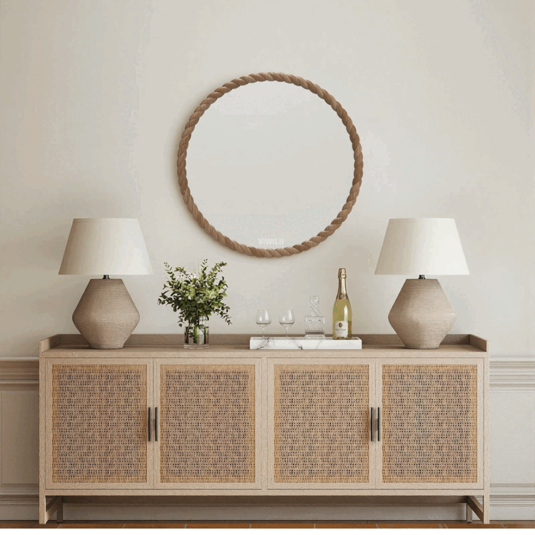Sold wood round frame mirror with rope style