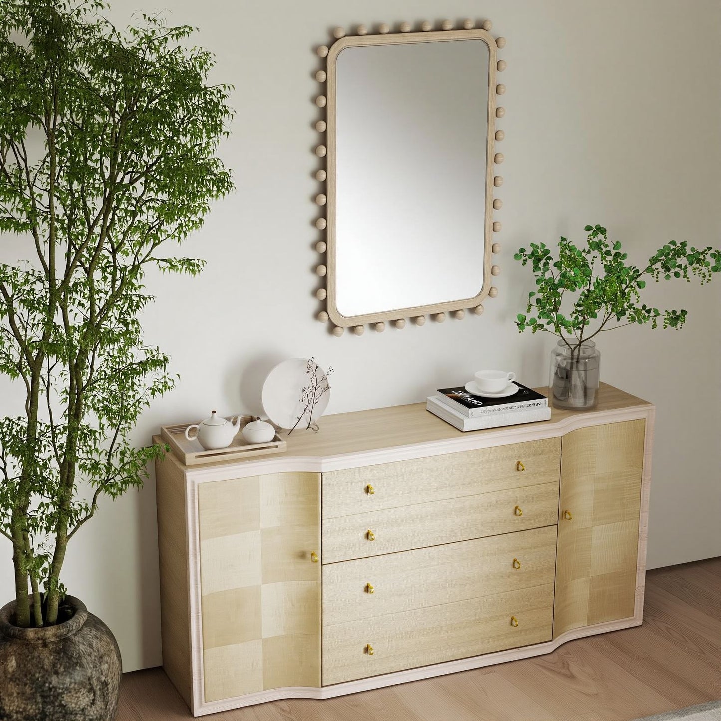 Soild wood frame mirror with wood beads