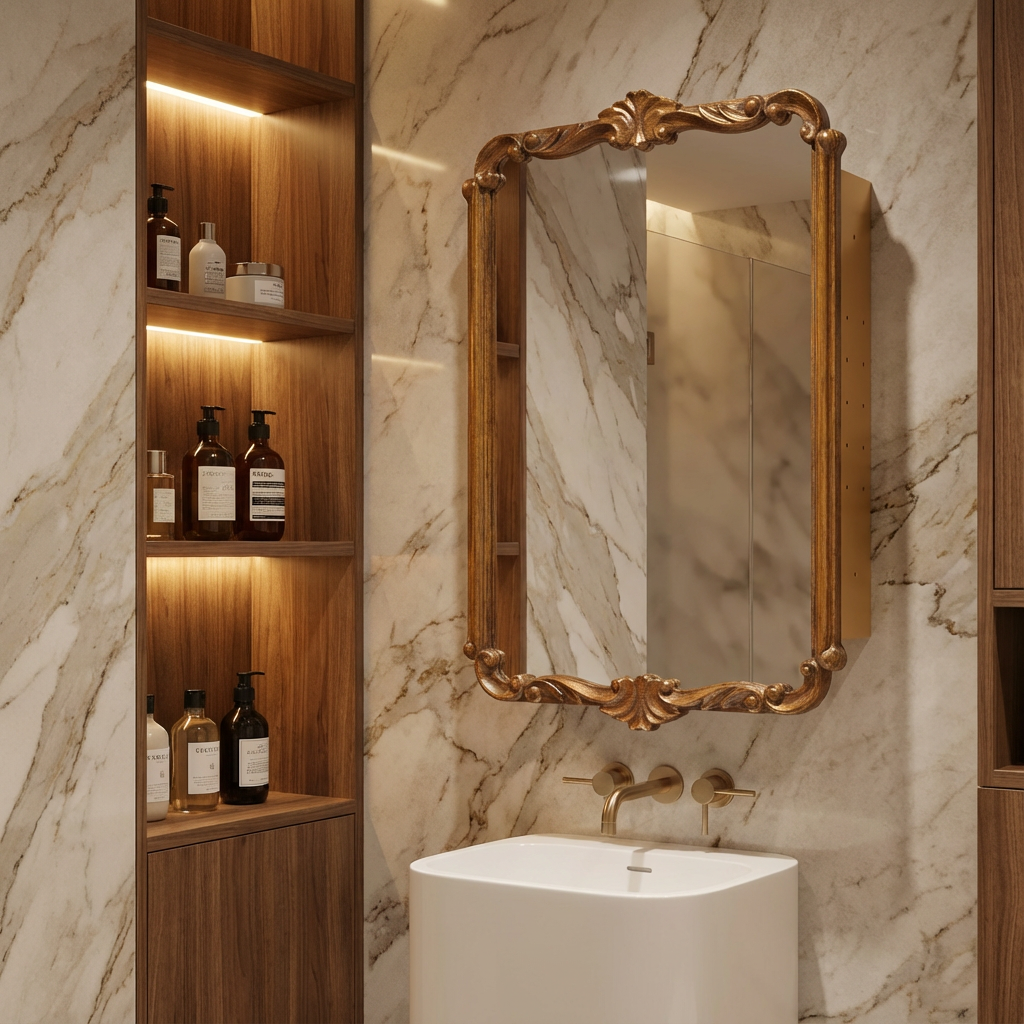 Vintage carved style cabinet mirror with gold finish