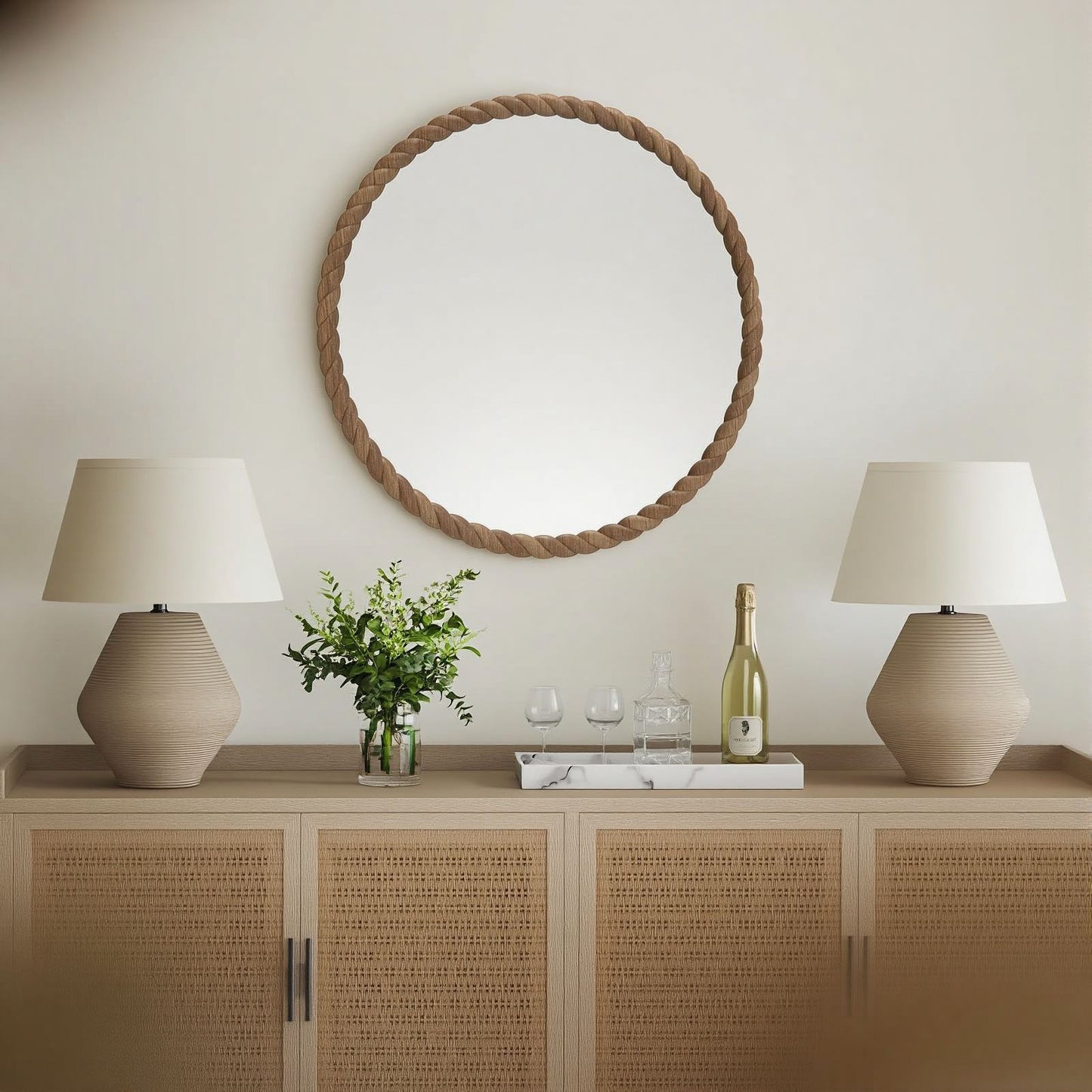 Sold wood round frame mirror with rope style