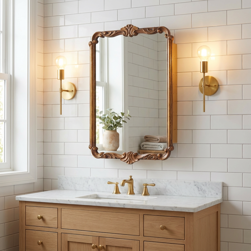 Vintage carved style cabinet mirror with gold finish