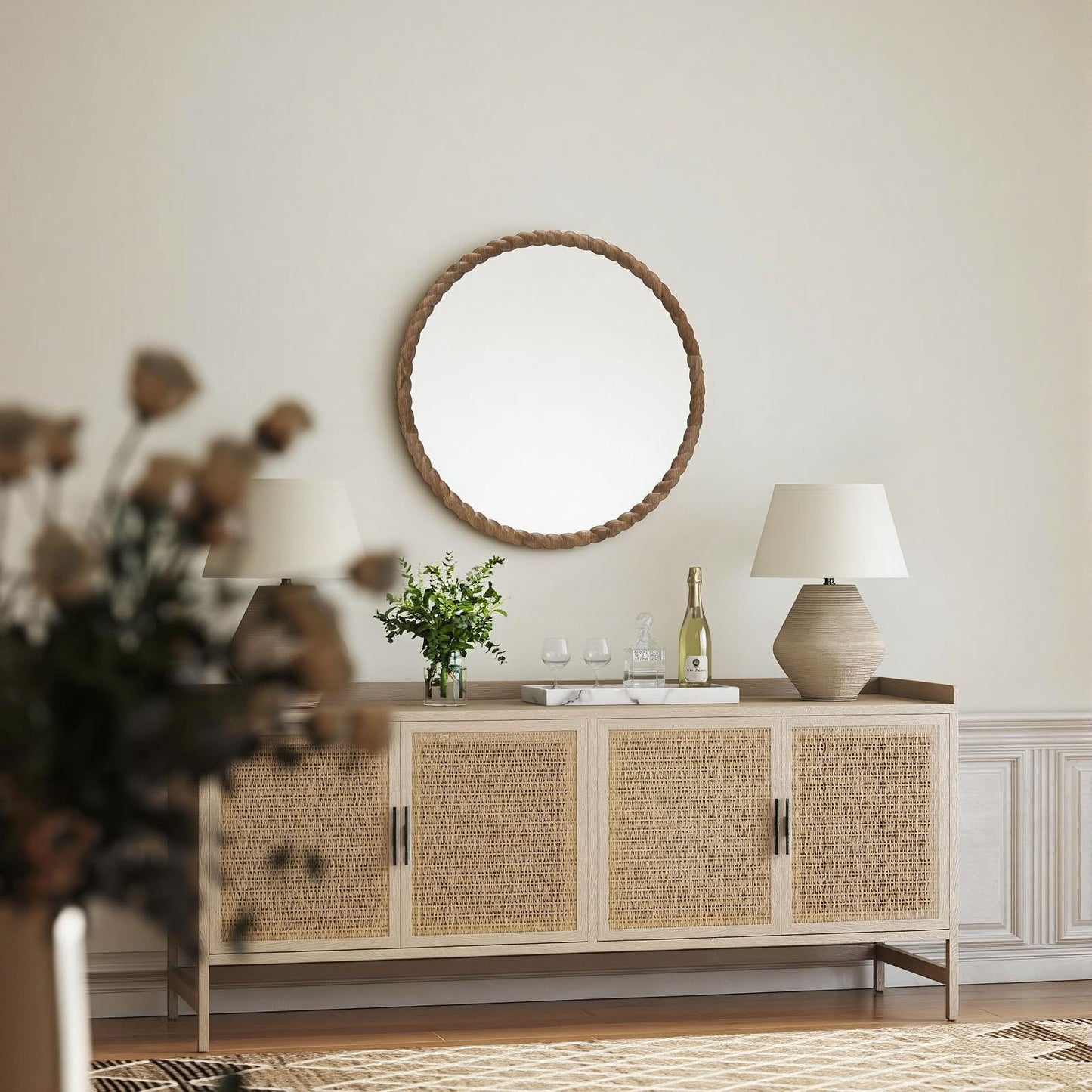 Sold wood round frame mirror with rope style