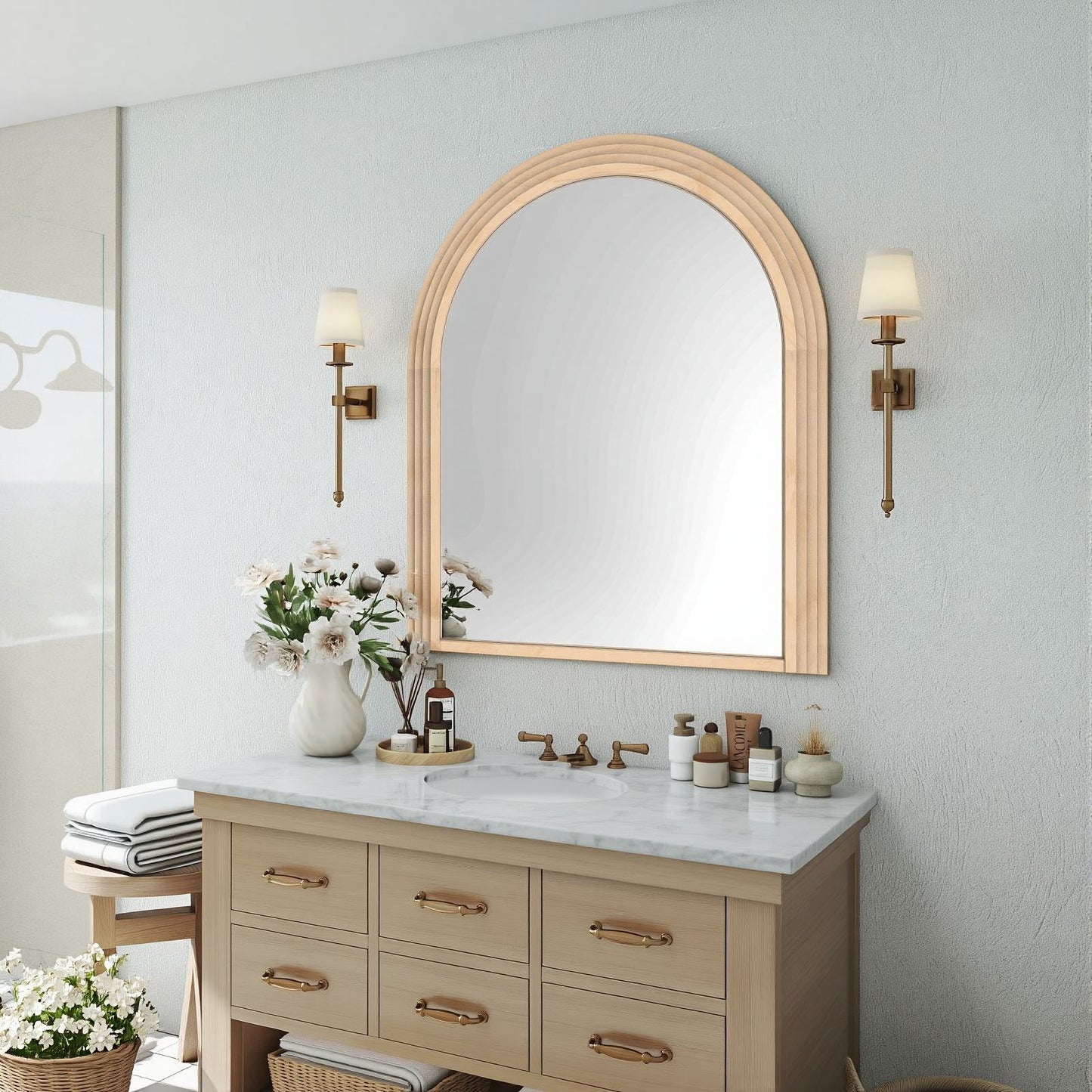 Solid wood mirror with arched shape