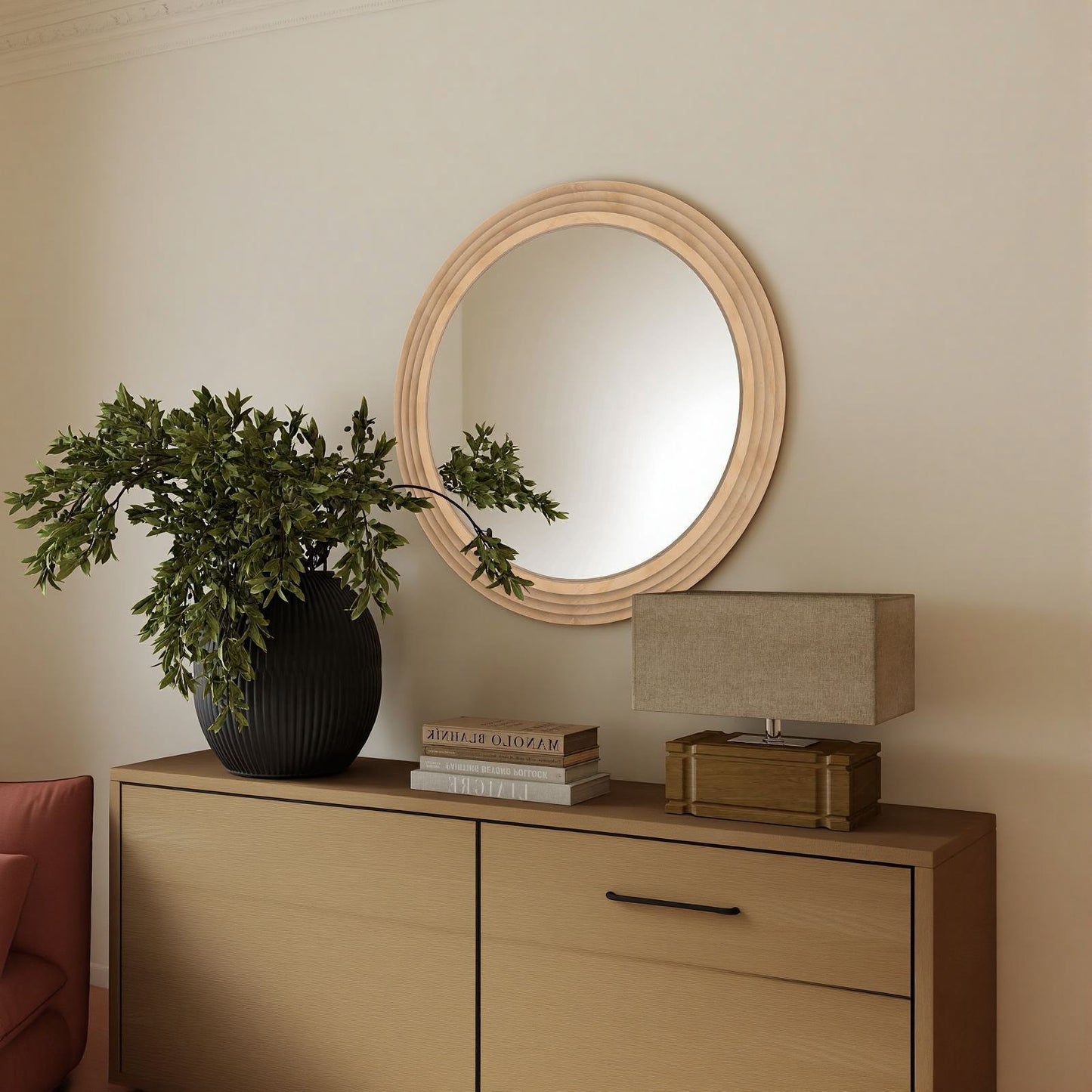 Round solid wood mirror