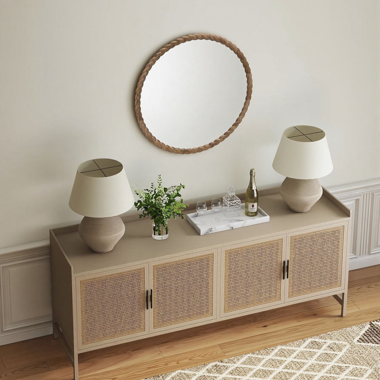 Sold wood round frame mirror with rope style