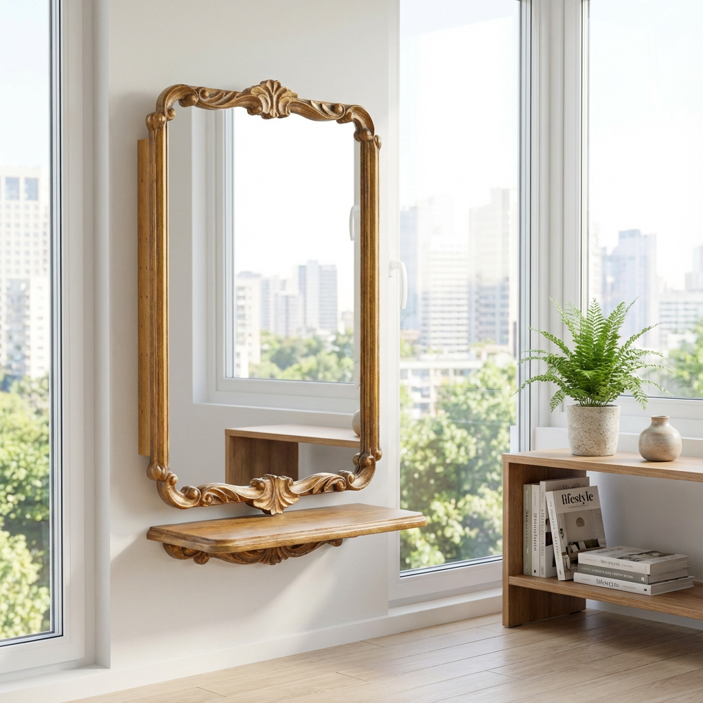 Vintage carved style cabinet mirror with gold finish