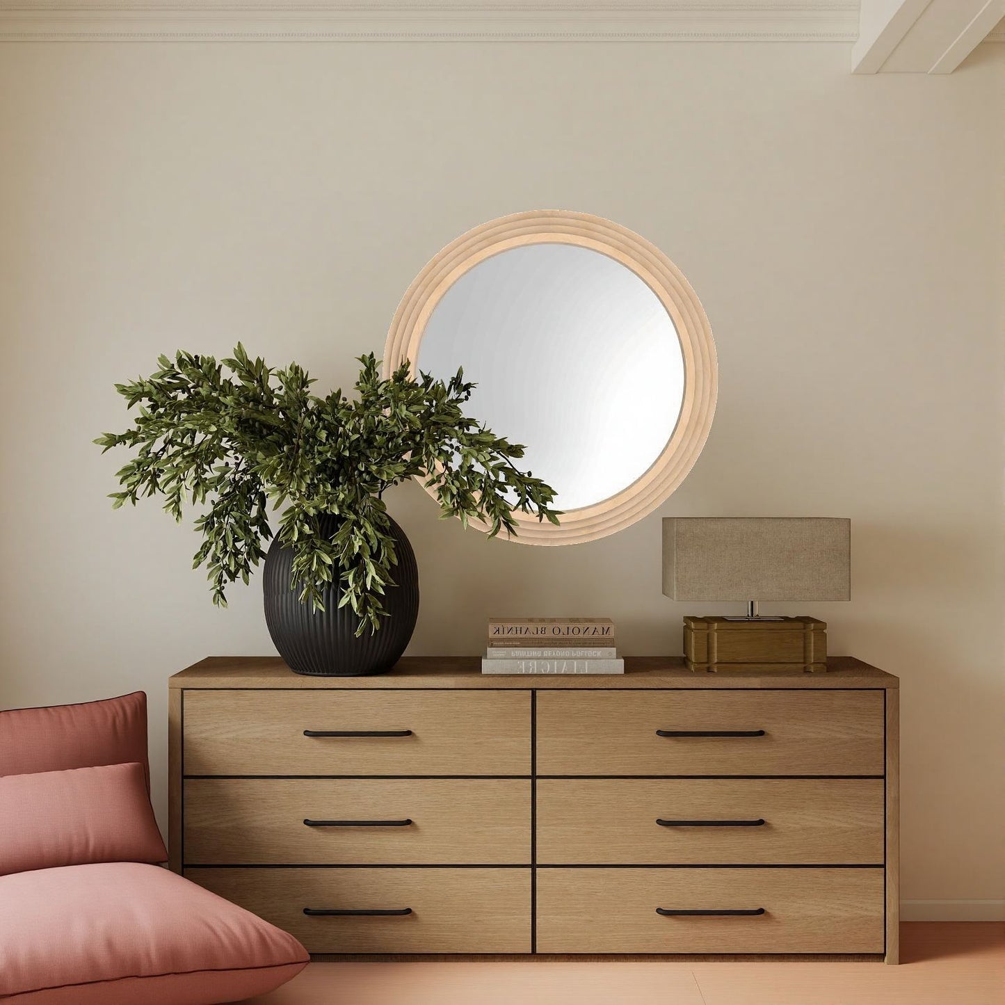Round solid wood mirror