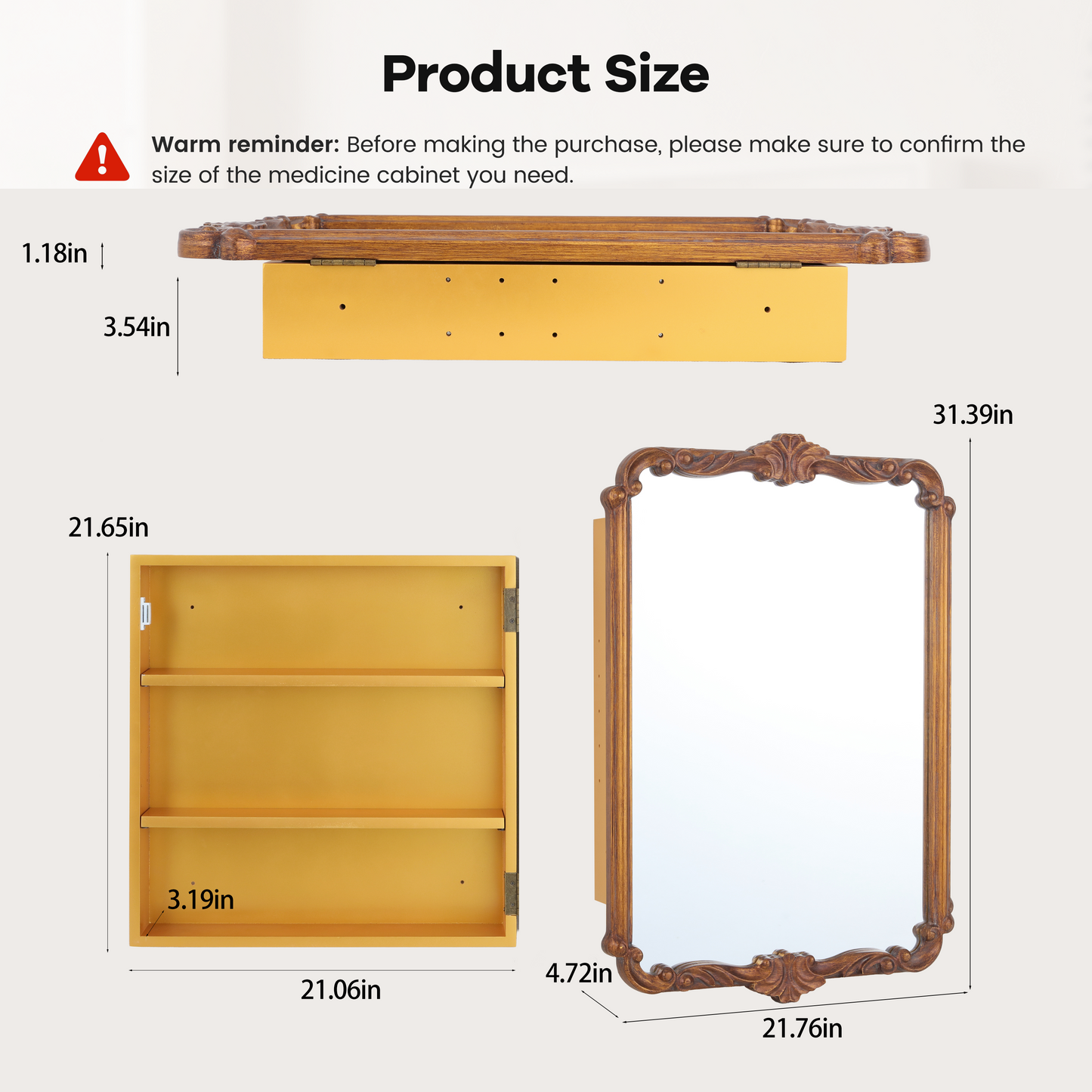 Vintage carved style cabinet mirror with gold finish