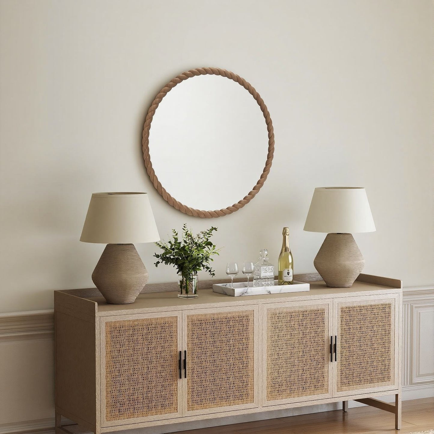 Sold wood round frame mirror with rope style