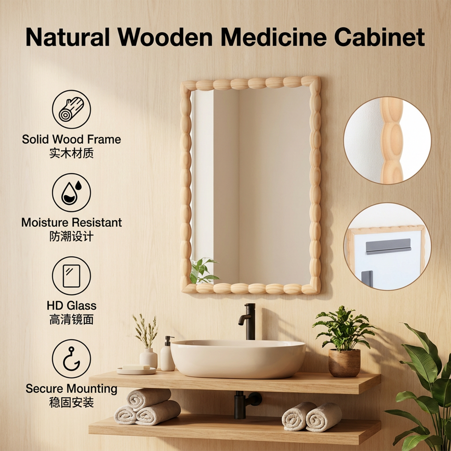 Solid Wood Decorative Mirror in Natural color