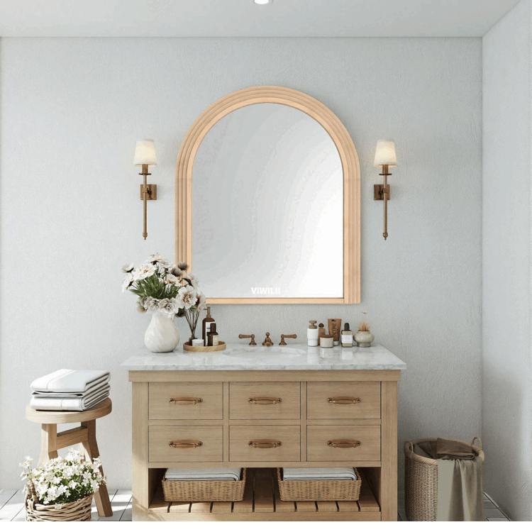 Solid wood mirror with arched shape