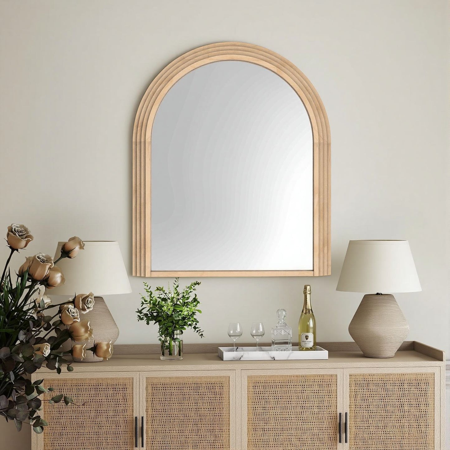 Solid wood mirror with arched shape