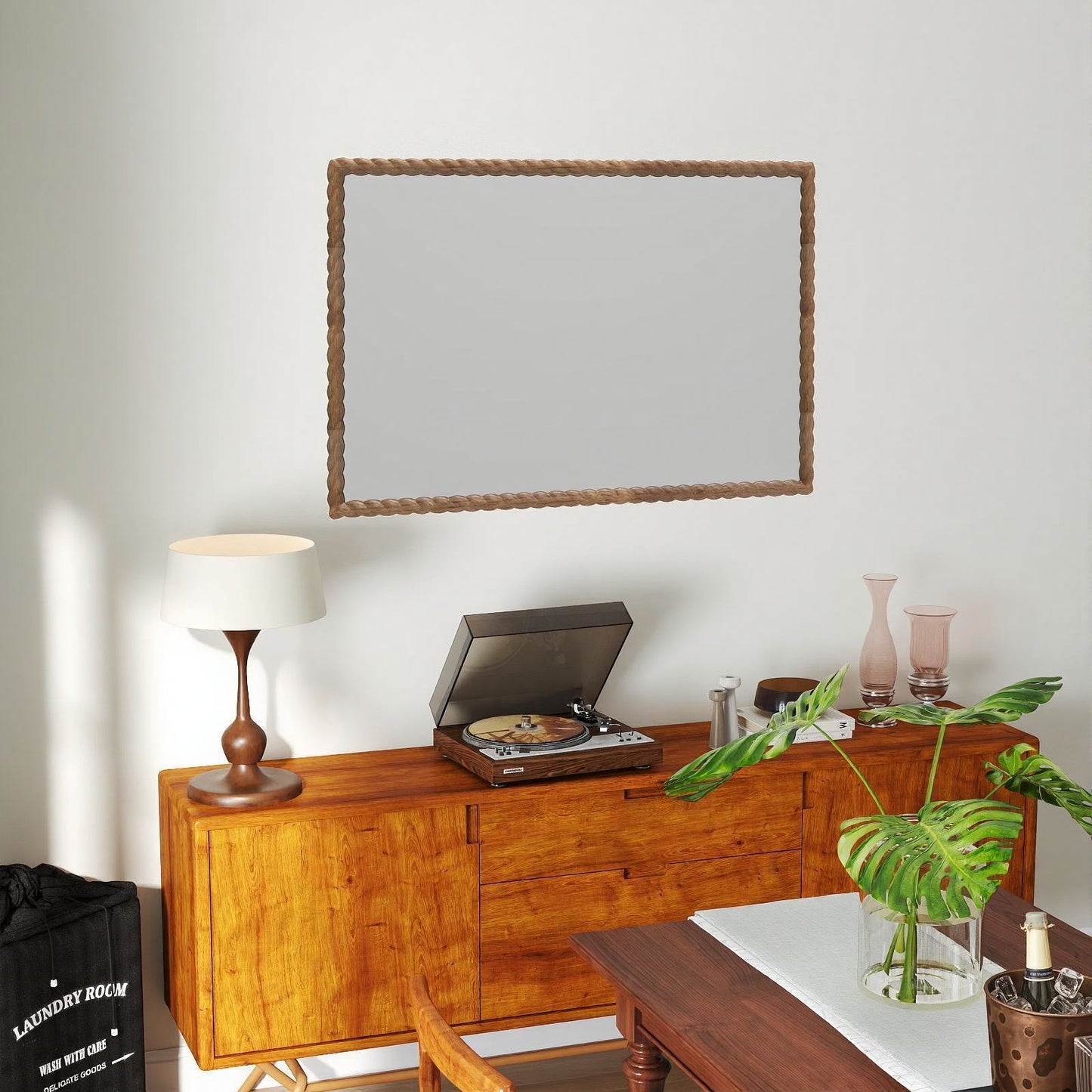 Solid wood rectangle frame mirror with rope style
