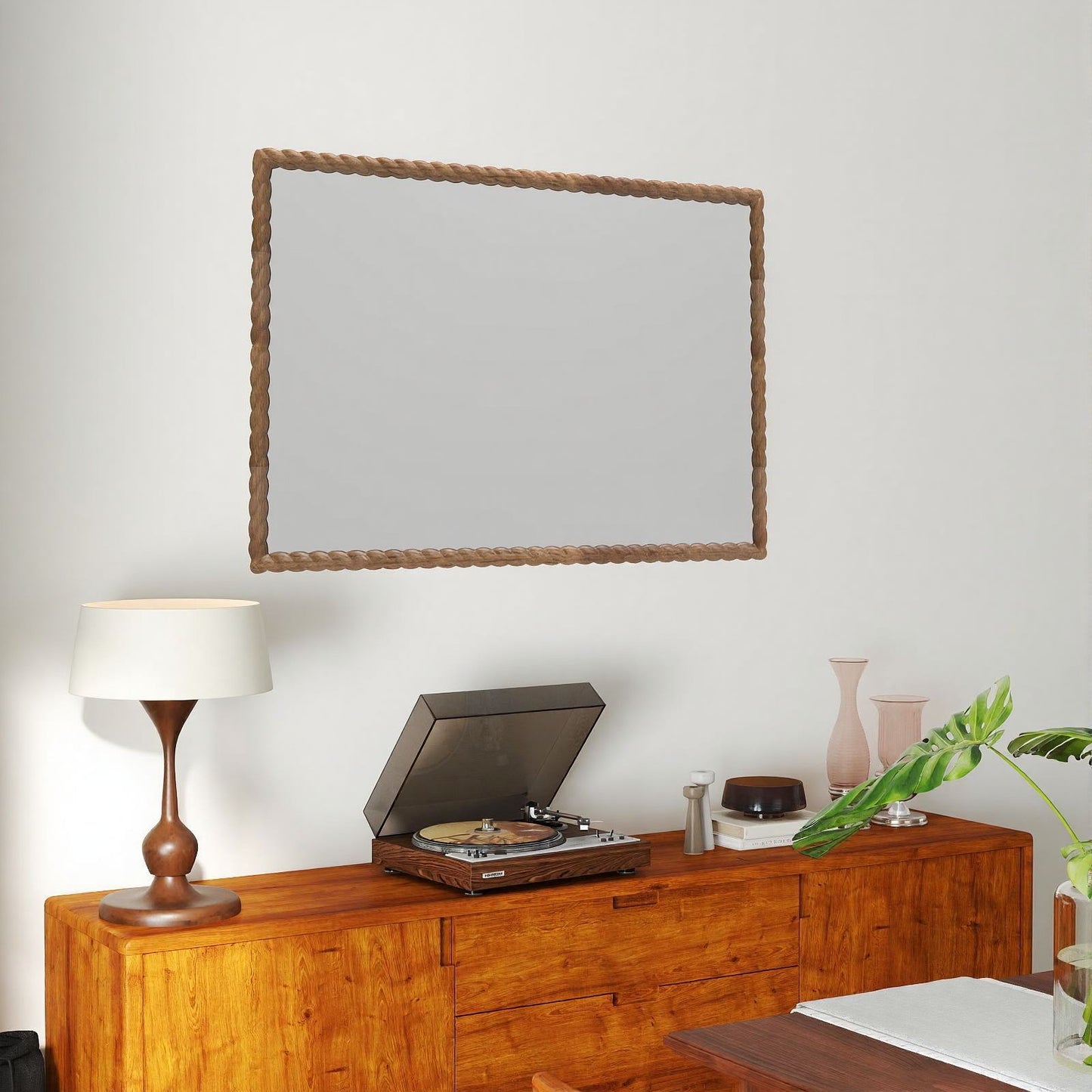 Solid wood rectangle frame mirror with rope style