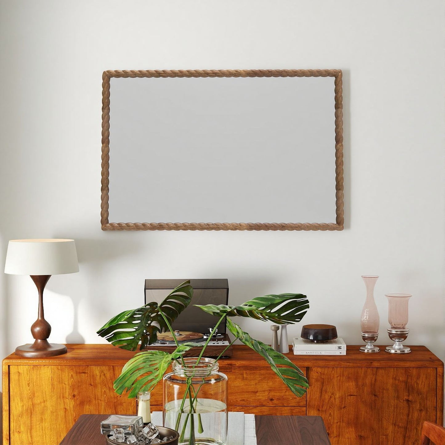 Solid wood rectangle frame mirror with rope style