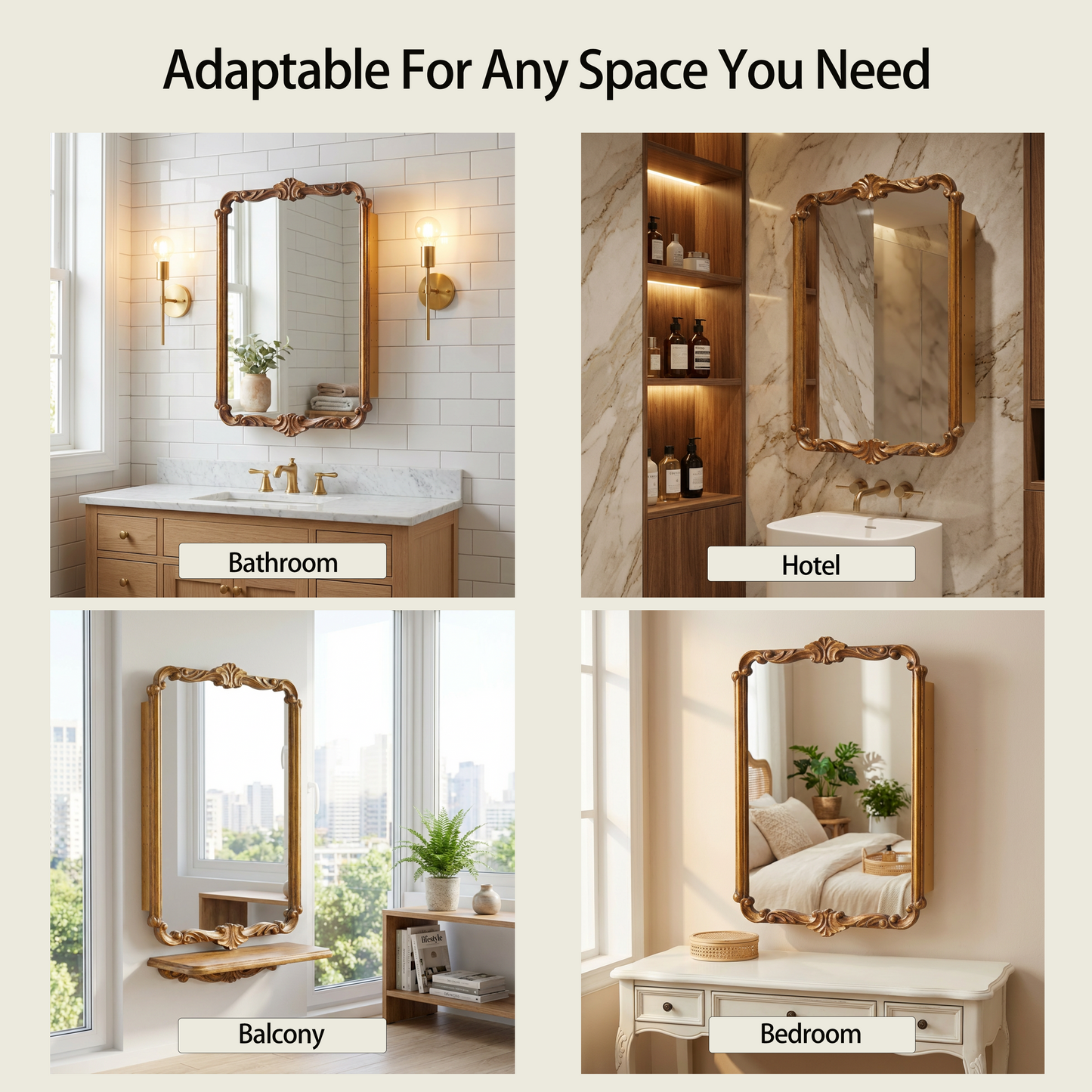 Vintage carved style cabinet mirror with gold finish