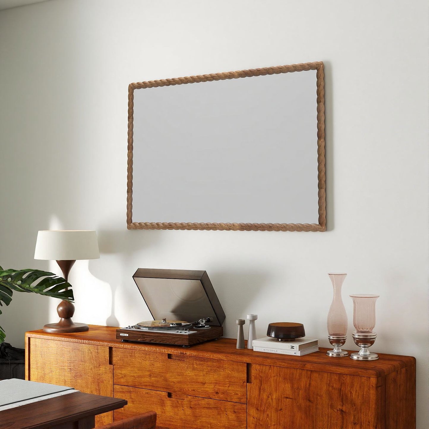Solid wood rectangle frame mirror with rope style