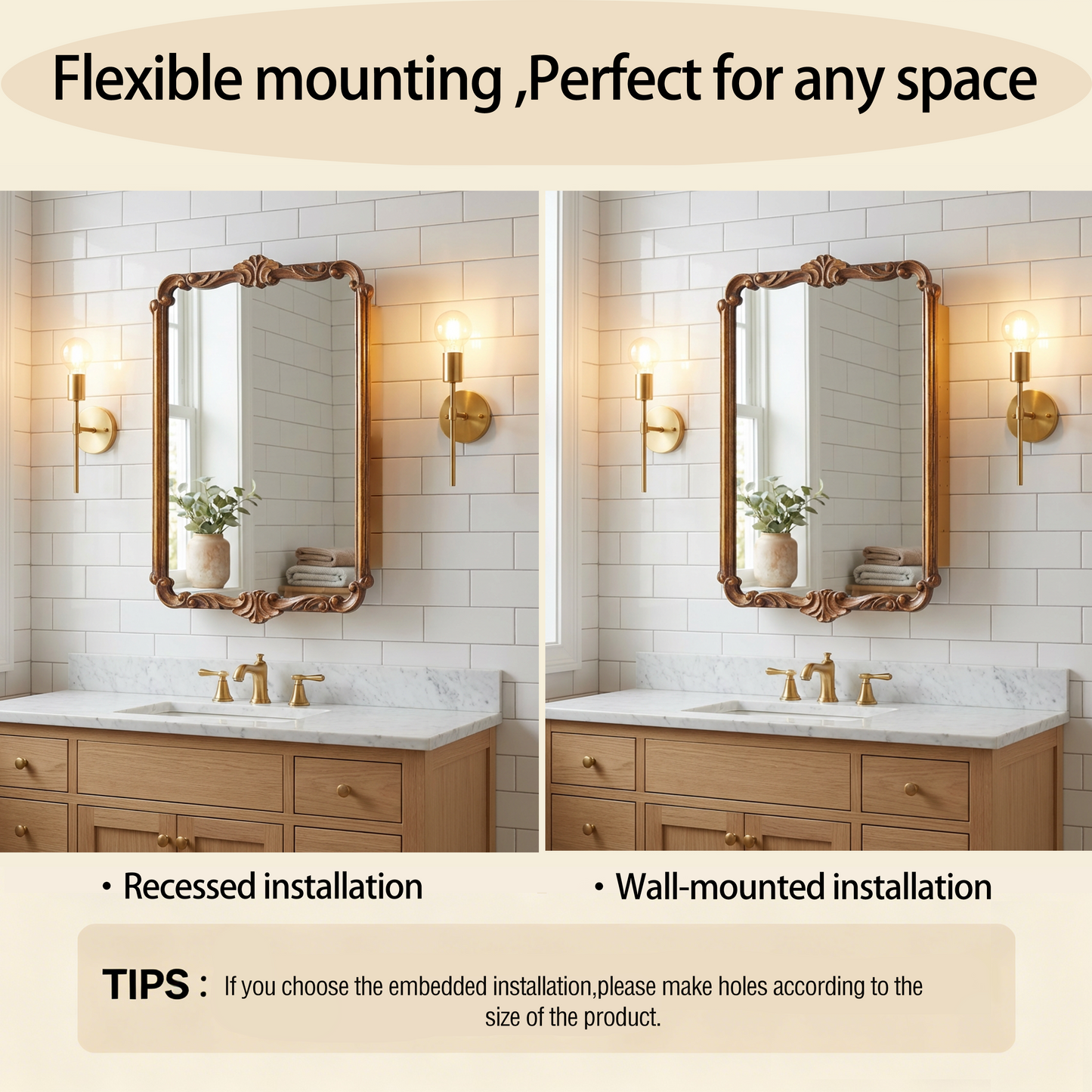 Vintage carved style cabinet mirror with gold finish